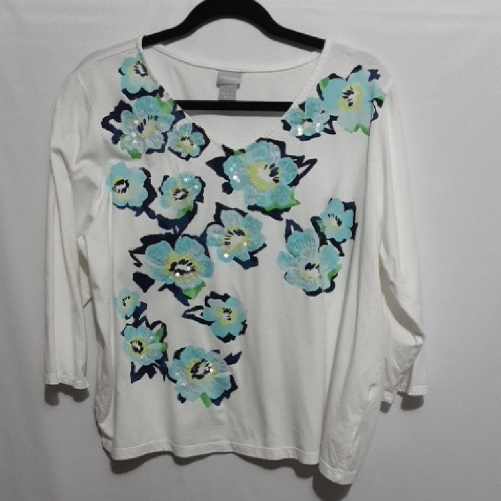 CHICO'S Floral Embellished White 3/4 ‎ Sleeve Top